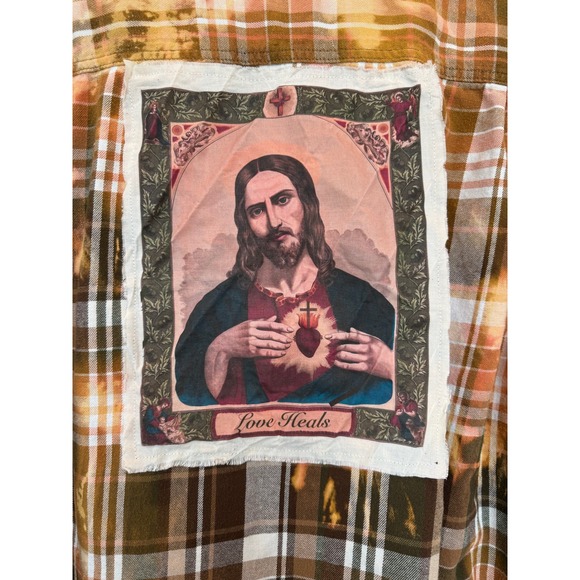 Upcycled XL Flannel Shirt Sacred Heart Folk Art Cotton One of One